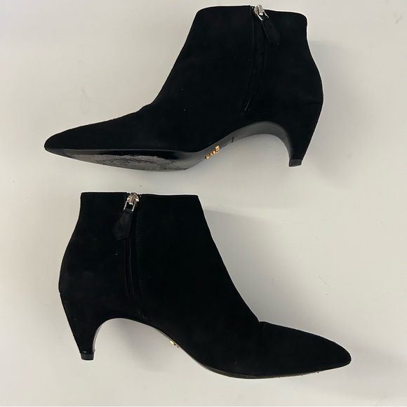 Prada Black Leather Suede ankle side zip kitten cone heel booties Boots size 7 - Picture 3 of 13